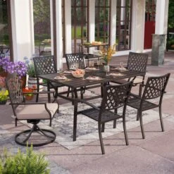 PHI VILLA 7-Piece Patio Dining Set 6 Steel Fixed/Swivel Chairs & Rectangle Table -Phi Villa 0 s7 437 2 0000