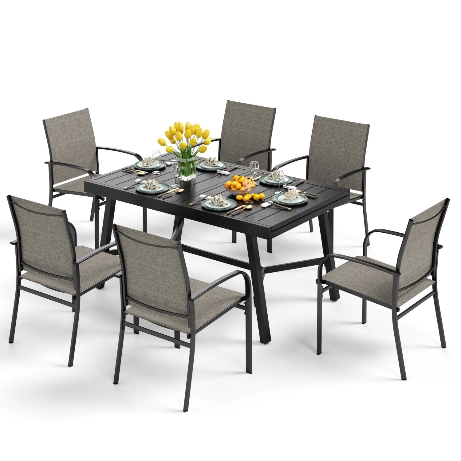 PHI VILLA 7 PCS Outdoor Dining Set 6 Textilene Fixed Chairs & Adjustable Table 4 PHI VILLA 7 PCS Outdoor Dining Set 6 Textilene Fixed Chairs & Adjustable Table - Image 2