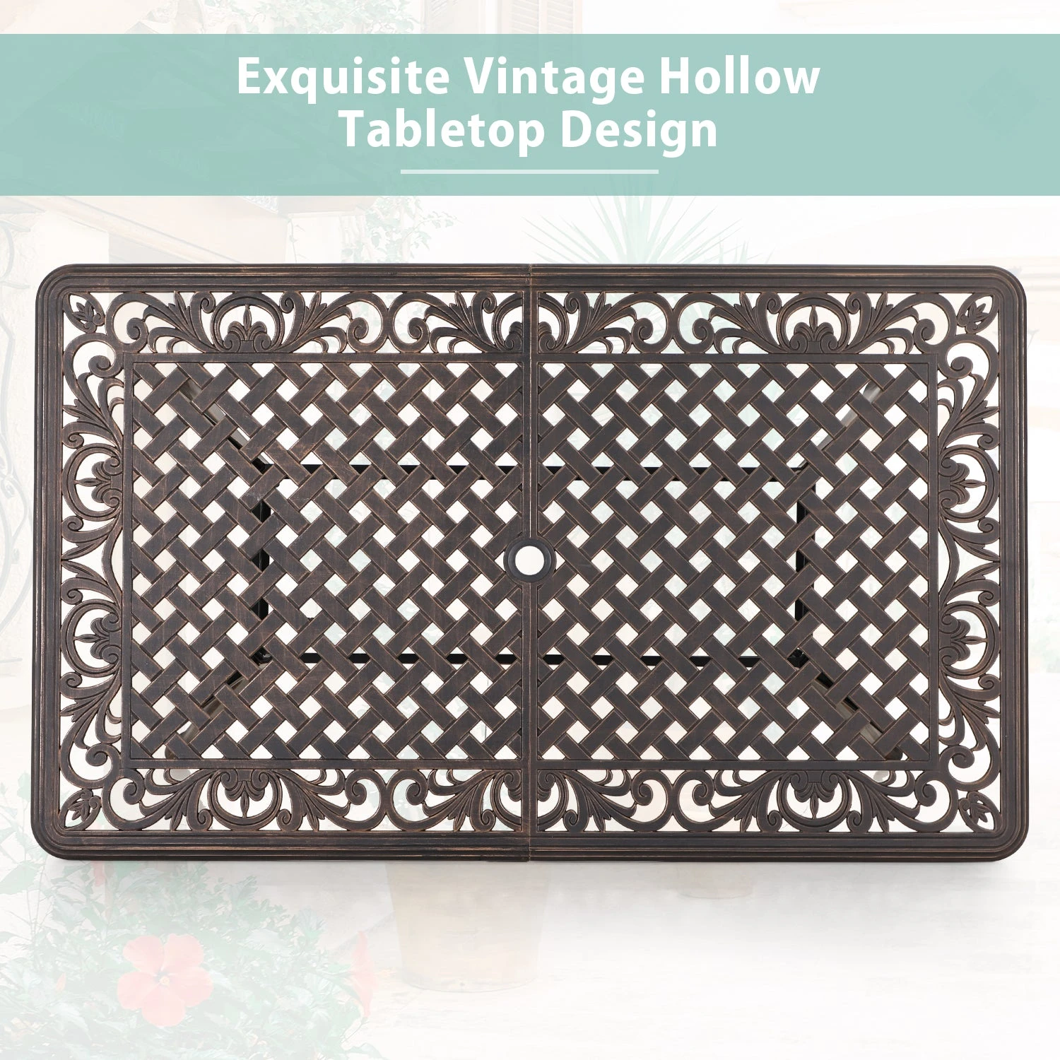 PHI VILLA 59" Patio Dining Table Cast Aluminum Golden Bronze With 1.97" Umbrella Hole 7 PHI VILLA 59" Patio Dining Table Cast Aluminum Golden Bronze With 1.97" Umbrella Hole - Image 5