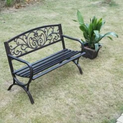 PHI VILLA 50 Inch Garden Outdoor Bench Cast Iron Steel Frame Apple Blossom Pattern -Phi Villa 1 1480da13 aa56 400e a95f a499869a6934