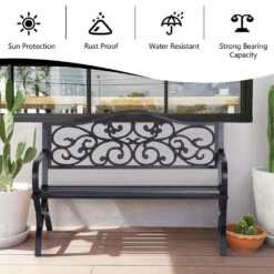 PHI VILLA 50 Inch Garden Patio Bench Cast Iron Steel Frame With Phalaenopsis Pattern -Phi Villa 1 69e41dab 9cf0 4b16 9304 5dc8b1173874