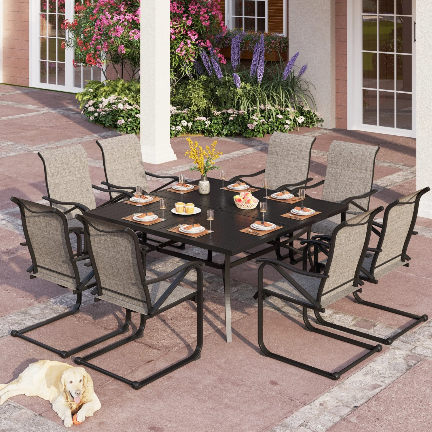 9-Pcs Patio Dining Set With Textilene C-spring Chair-Phi Villa 3 9-Pcs Patio Dining Set With Textilene C-spring Chair-Phi Villa