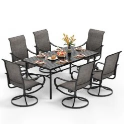 PHI VILLA 7-Piece Patio Dining Set Textilene Swivel Chairs & Steel Rectangle Table -Phi Villa 1 s7 45520 0030