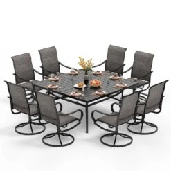 9-Piece Patio Dining Set With 60" Square Table And Textilene Swivel Chairs- Phi Villa -Phi Villa 1 s9 45221 0030