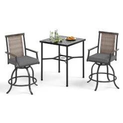 PHI VILLA 3-Piece Patio Bar Set With 2 Swivel Rattan Bar Stools & 1 Square Table