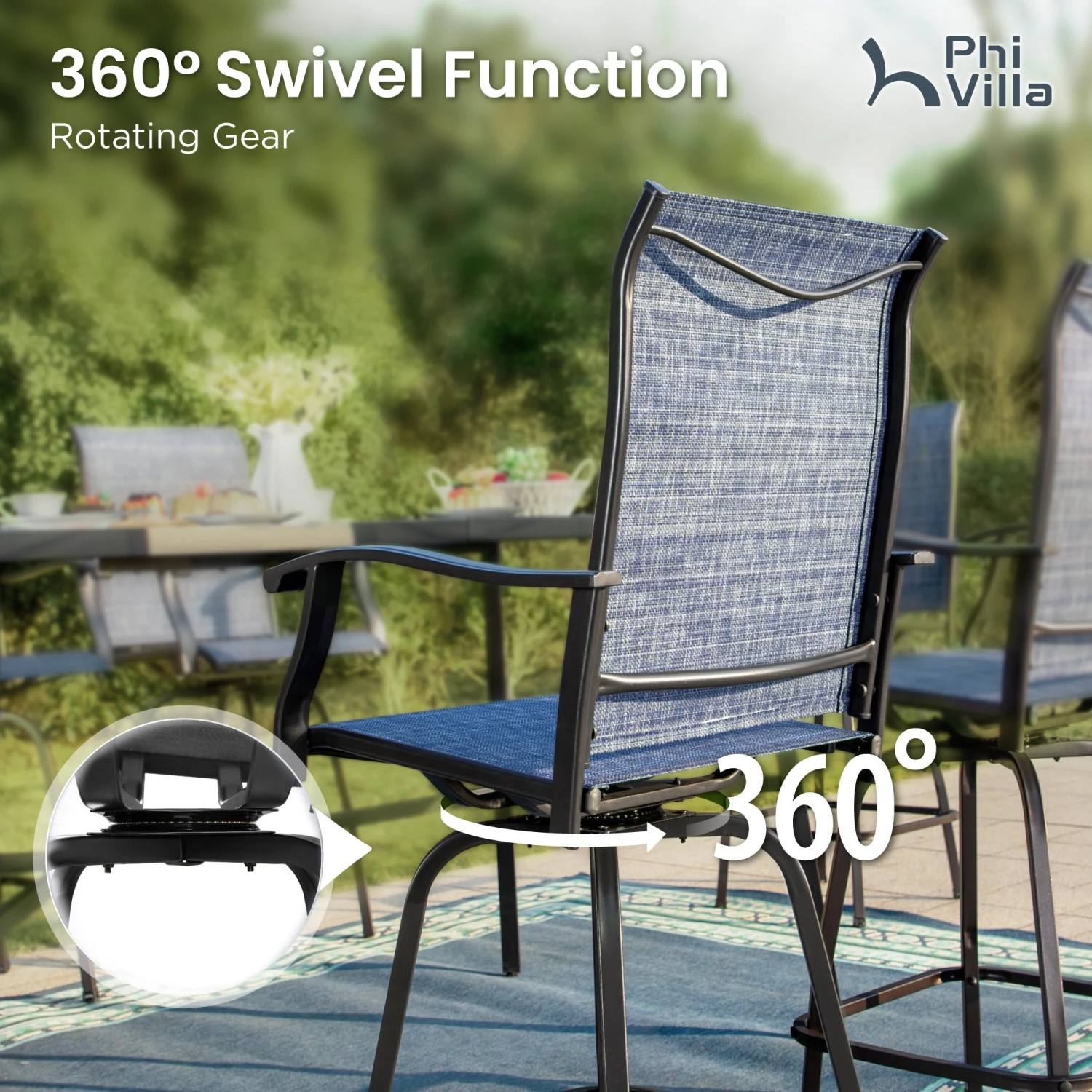 3-Piece Patio Bistro Set Of Blue Textilene Swivel Bar Stools PHI VILLA 6 3-Piece Patio Bistro Set Of Blue Textilene Swivel Bar Stools PHI VILLA - Image 4