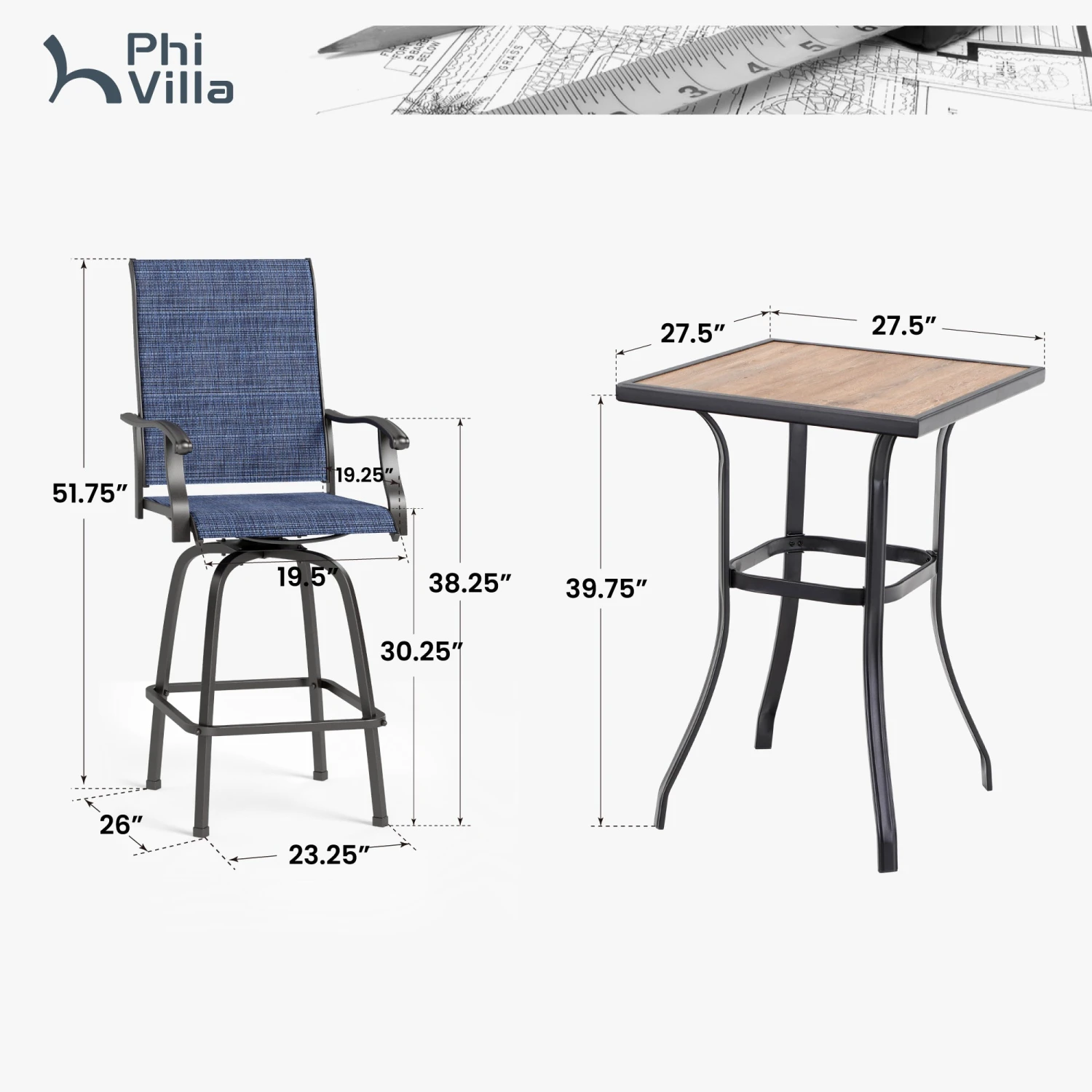 3-Piece Patio Bistro Set Of Blue Textilene Swivel Bar Stools PHI VILLA 9 3-Piece Patio Bistro Set Of Blue Textilene Swivel Bar Stools PHI VILLA - Image 7
