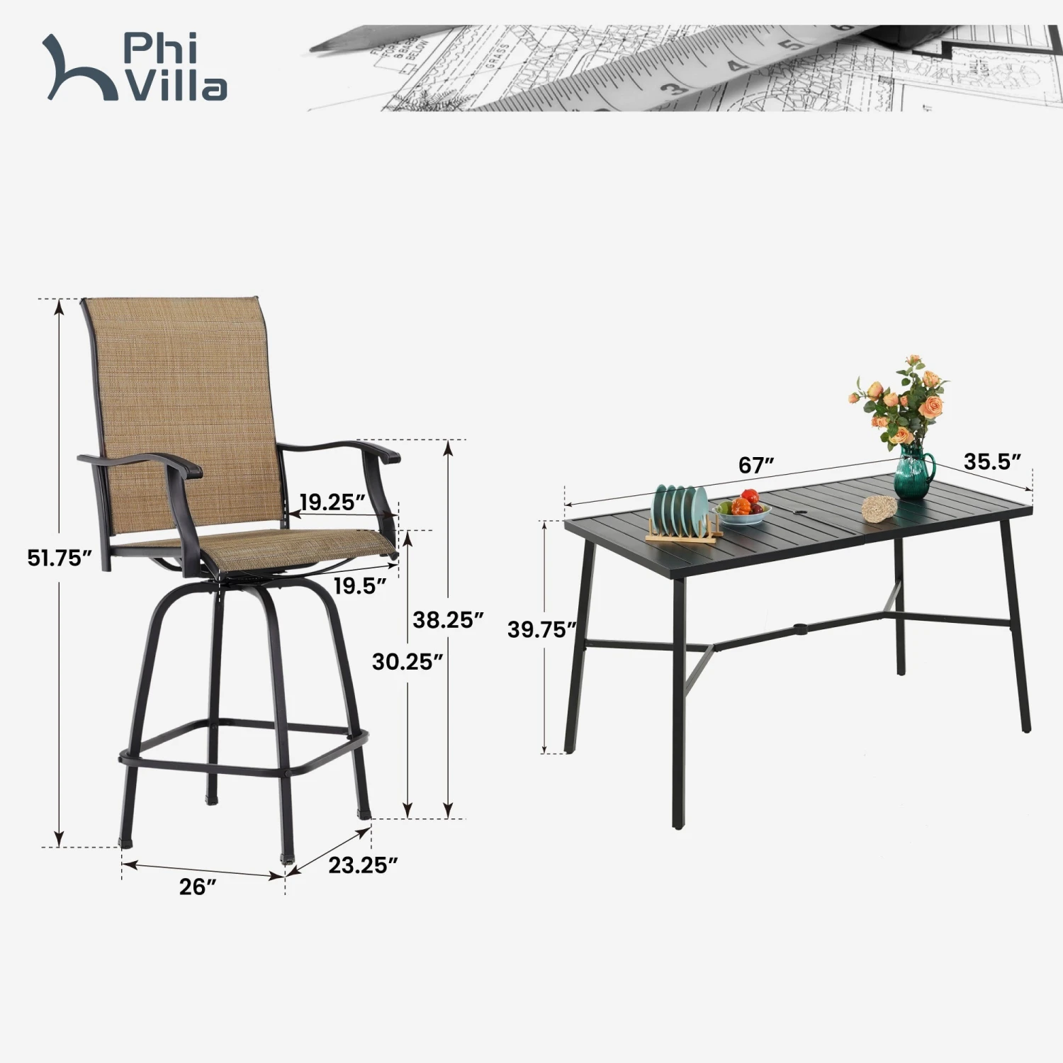 7-Piece Outdoor Bar Stool Set With 6 Seat For Poolside, Graden PH VILLA 11 7-Piece Outdoor Bar Stool Set With 6 Seat For Poolside, Graden PH VILLA - Image 9