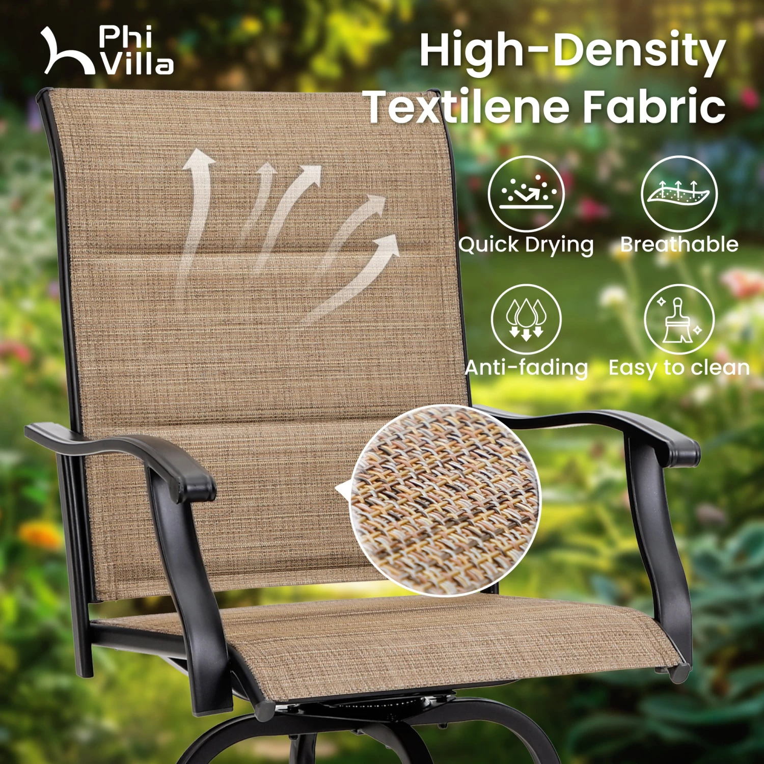 Outdoor Upgraded Padded Textilene All-Weather Swivel Bar Stools With Arms PHI VILLA 7 Outdoor Upgraded Padded Textilene All-Weather Swivel Bar Stools With Arms PHI VILLA - Image 5