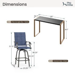 Phi Villa 3-Pcs Patio High Bar Set-Textilene Swivel Stools & Sea Stone Tabletop Design -Phi Villa 2025.03.19 PV 485 PV 3