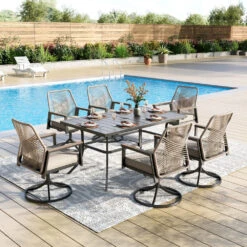 7-Piece Patio Dining Set With Stylish Rattan Rope Chairs-Phi Villa