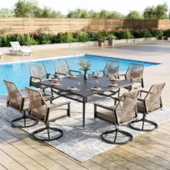 9-Piece Patio Dining Set With Stylish Rattan Rope Chairs And Square Table For 8-Phi Villa