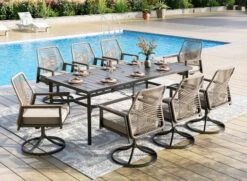 9-Piece Patio Dining Set With Stylish Rattan Rope Chairs And Long Table For 8-Phi Villa