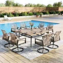 Phi Villa Mirage 9-Pcs Patio Dining Set With Farmhouse Enlarged Square Table