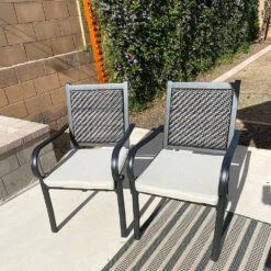 PHI VILLA Rattan Metal Outdoor Dining Chairs, Set Of 2