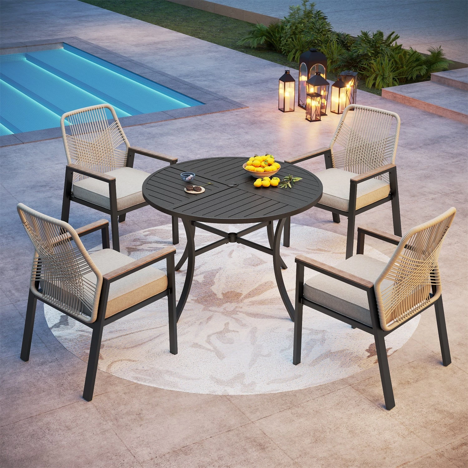 5/7-Piece Patio Dining Set With Patterned Round Table & Stylish Rattan Rope Chairs-Phi Villa 15 5/7-Piece Patio Dining Set With Patterned Round Table & Stylish Rattan Rope Chairs-Phi Villa - Image 13
