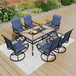 7-Piece Patio Dining Set Patch Wood-grain Table And Textilene Swivel Chairs Phi Villa