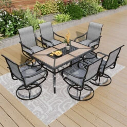 7-Piece Patio Dining Set Patch Wood-grain Table And Textilene Swivel Chairs Phi Villa -Phi Villa 240925 S7 104 HE20GR 0000