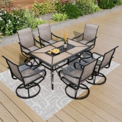 7-Piece Patio Dining Set Patch Wood-grain Table And Textilene Swivel Chairs Phi Villa -Phi Villa 240925 S7 104 HE20 0000