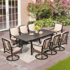 7/9-Piece Outdoor Dining Set With Extendable Table & Rattan Swivel Chairs PHI VILLA