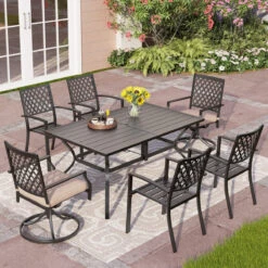 PHI VILLA 7-Piece Patio Dining Set 6 Steel Fixed/Swivel Chairs & Rectangle Table