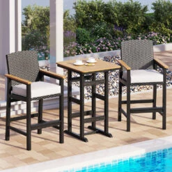 3-Pcs Outdoor High Bar Set With HPDE Rattan Bar Stool And Wood-like Table
