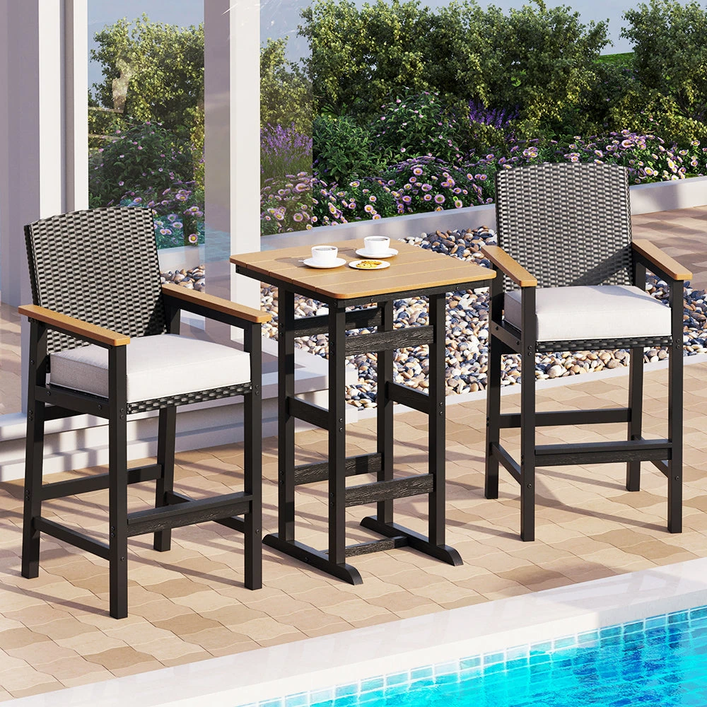 3-Pcs Outdoor High Bar Set With HPDE Rattan Bar Stool And Wood-like Table 3 3-Pcs Outdoor High Bar Set With HPDE Rattan Bar Stool And Wood-like Table