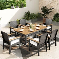 7-Pcs Outdoor Dining Set With HPDE Rattan Chair And Wood-like Table