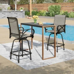Phi Villa 3-Pcs Patio High Bar Set-Gray Textilene Swivel Stools & Sea Stone Tabletop Design