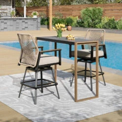 Phi Villa 3-Pcs Patio High Bar Set-Mirage Rope-art Stools & Sea Stone Tabletop Design