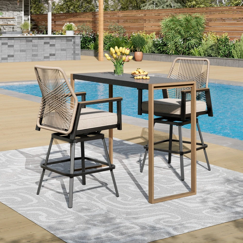 Phi Villa 3-Pcs Patio High Bar Set-Mirage Rope-art Stools & Sea Stone Tabletop Design 3 Phi Villa 3-Pcs Patio High Bar Set-Mirage Rope-art Stools & Sea Stone Tabletop Design