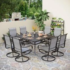 9-Piece Patio Dining Set With 60" Square Table And Textilene Swivel Chairs- Phi Villa -Phi Villa 452 093 GR