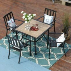 PHI VILLA 5-Piece Metal Patio Dining Set Wood-look Table And 4 Pattern Stackable Chairs