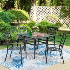 Classic 5-Piece Patio Dining Set For Garden Backyard PHI VILLA -Phi Villa 5 Piece Outdoor Dining Set 4 Patterned Stackable Chairs and Steel Square Table 2 12ab7d16 84f1 4dc2 9bb3 77b0e658ec98