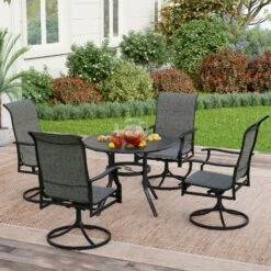 PHI VILLA 5-Piece Patio Dining Set With Round Steel Table & 4 Swivel Padded Textilene Chairs