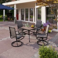 PHI VILLA 5-Piece Patio Dining Set With Wood-look Table & 4 Padded Textilene Swivel Chairs -Phi Villa 5 Piece Patio Dining Set With Wood look Table and 4 Textilene Swivel Chairs