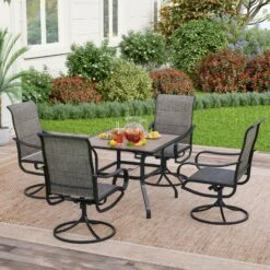 PHI VILLA 5-Piece Patio Dining Set With Wood-look Table & 4 Padded Textilene Swivel Chairs