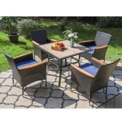 Phi Villa 5-Piece Patio Dining Set Wood-Look Table And 4 Rattan Chairs With Cushions -Phi Villa 5 Piece Patio Dining Set Wood Look PVC Table and 4 Rattan Chairs with Cushions