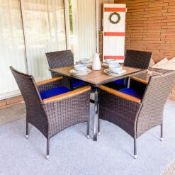 Phi Villa 5-Piece Patio Dining Set Wood-Look Table And 4 Rattan Chairs With Cushions