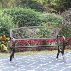 PHI VILLA 50 Inch Garden Outdoor Bench Cast Iron Steel Frame Apple Blossom Pattern