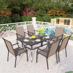 7-Piece Outdoor Dining Set For Garden Backyard PHI VILLA -Phi Villa 6 Seat Slat Steel Rectangle Table Outdoor Patio Dining Set