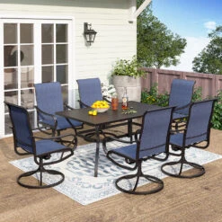 7-Piece Outdoor Dining Set With Textilene Swivel Chairs For Garden,Deck PHI VILLA -Phi Villa 6 Seat outdoor dining set with upgraded padded textilene chairs blue
