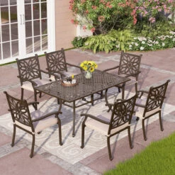 7-Pcs Patio Dining Set Of Cast Aluminum Chairs And Rectangle Table-Phi Villa