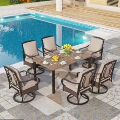 Phi Villa 7-Pcs Patio Dining Set With Cushioned Steel-rattan Chairs And Farmhouse Wood-grain Table 29 Phi Villa 7-Pcs Patio Dining Set With Cushioned Steel-rattan Chairs And Farmhouse Wood-grain Table -Phi Villa 6 seat Outdoor Dining Set with Cushioned Steel Rattan Chairs and Rectangle Table