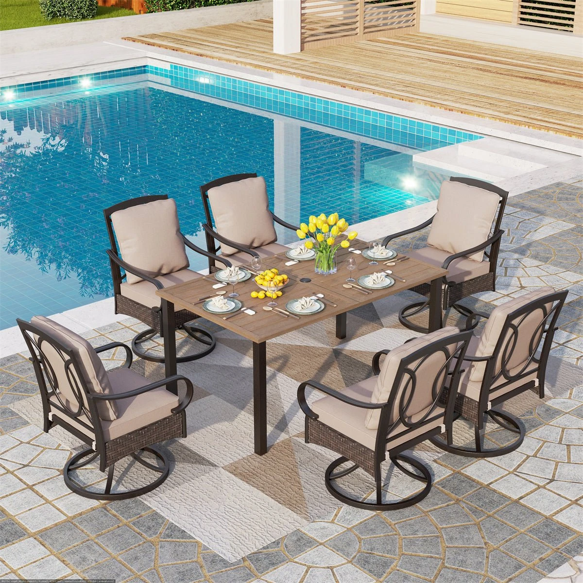 Phi Villa 7-Pcs Patio Dining Set With Cushioned Steel-rattan Chairs And Farmhouse Wood-grain Table 12 Phi Villa 7-Pcs Patio Dining Set With Cushioned Steel-rattan Chairs And Farmhouse Wood-grain Table - Image 10