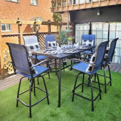 7-Piece Outdoor Bar Stool Set With 6 Seat For Poolside, Graden PH VILLA 41 7-Piece Outdoor Bar Stool Set With 6 Seat For Poolside, Graden PH VILLA -Phi Villa 6 seat blue fabric swivel bar stool set for backyard