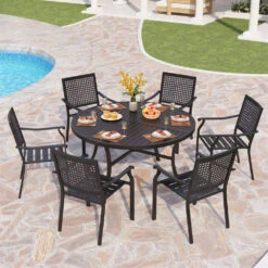 7-Piece Patio Dining Set For Backyard With Bullseye Pattern Chairs And Round Table-Phi Villa -Phi Villa 6 seat bulleye pattern chair dining set for backyard with round table