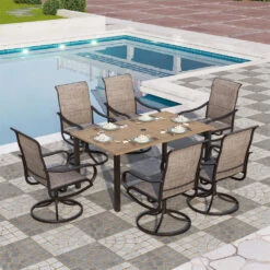 7-Piece Patio Dining Set With Upgraded Textilene Padded Chairs And Wood-grain Table-PHI VILLA 32 7-Piece Patio Dining Set With Upgraded Textilene Padded Chairs And Wood-grain Table-PHI VILLA -Phi Villa 6 seat dining set of sling swivel chairs and wood grain table for deck