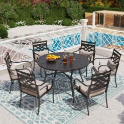7-Piece Round Table Patio Dining Set Of Steel Fixed Chairs With Cushion And Pillow-Phi Villa