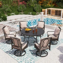 7-Pcs Luxurious Cushioned Swivel Chairs Set With Round Table For Deck-Phi Villa